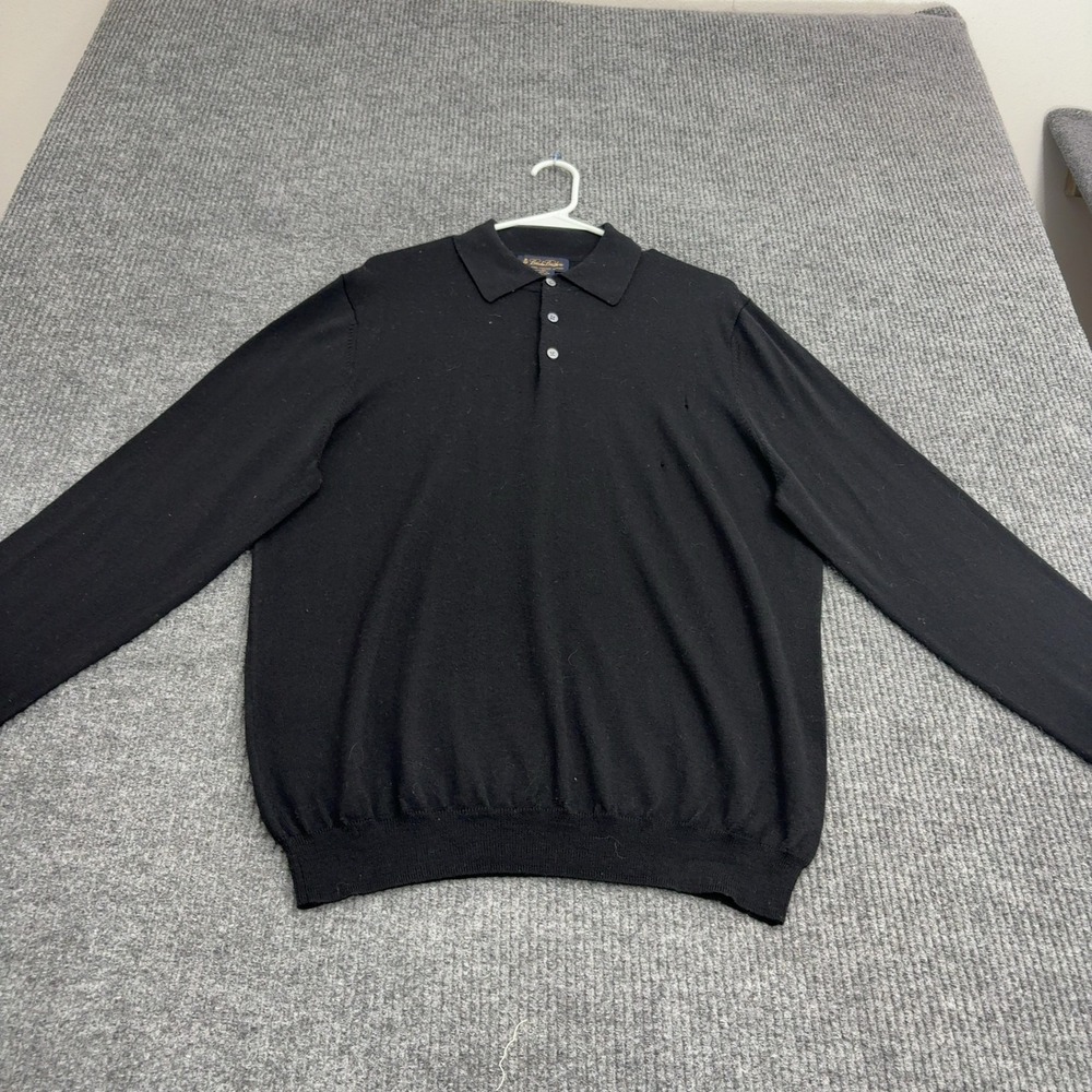 Brooks Brothers Sweater Mens L Black Merino Wool Long Sleeve Polo Classic Style